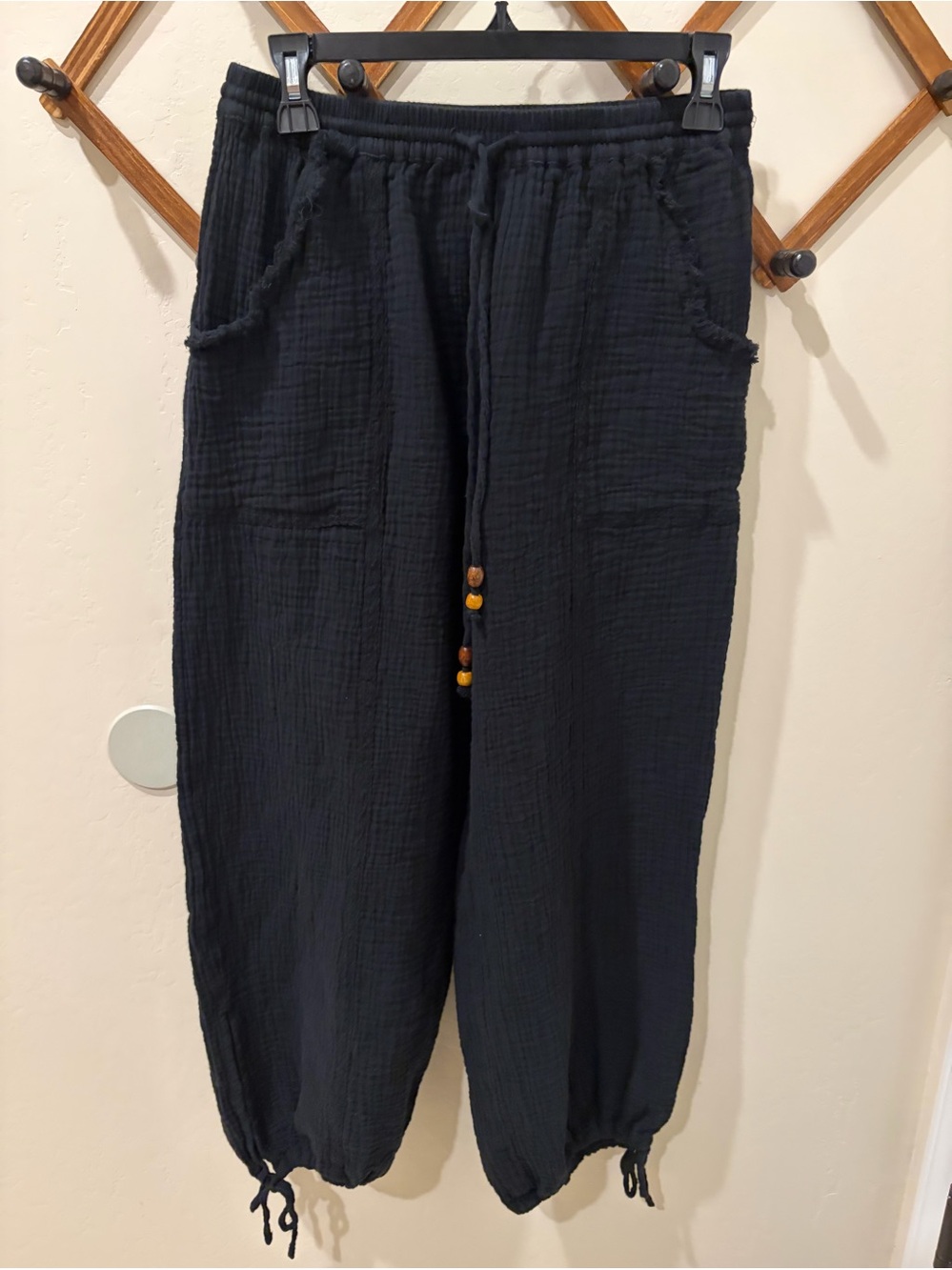 Free People inspired Black Cropped Drawstring Cotton Gauze Pants